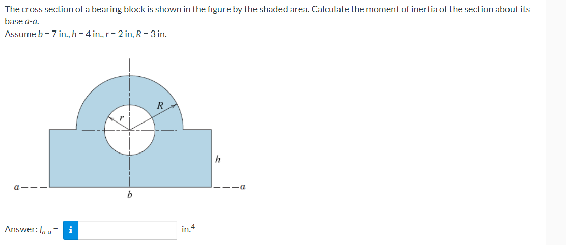 The cross section of a bearing block is shown in the figure by the shaded area. Calculate the moment of inertia of the section about its
base a-a.
Assume b = 7 in., h = 4 in., r = 2 in, R = 3 in.
Answer: la-a=
i
b
R
in.4
h