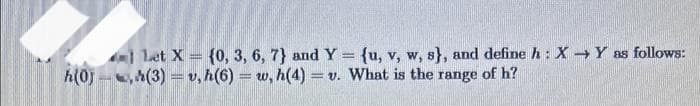 h(0)
Let X= {0, 3, 6, 7) and Y= {u, v, w, s}, and define h: X→ Y as follows:
(3)=v, h(6)=w, h(4) = v. What is the range of h?