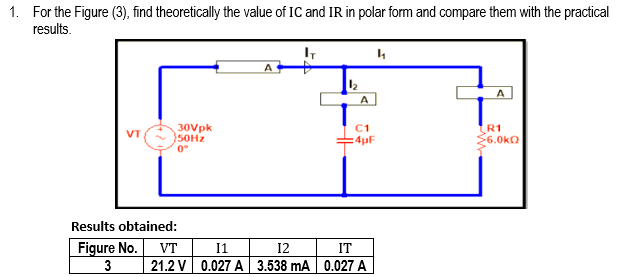 1. For the Figure (3), find theoretically the value of IC and IR in polar form and compare them with the practical
results.
4₁
A
VT
30Vpk
~50Hz
0°
Results obtained:
Figure No. ᏙᎢ
3
A
C1
4pF
I1
12
IT
21.2 V 0.027 A 3.538 mA | 0.027 A
R1
>6.0kQ