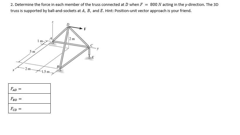2. Determine the force in each member of the truss connected at D when F = 800 N acting in the y-direction. The 3D
truss is supported by ball-and-sockets at A, B, and E. Hint: Position-unit vector approach is your friend.
FAD =
FBD =
FCD =
5m
2 m
1m
1.5 m.
B
2m
C
& E