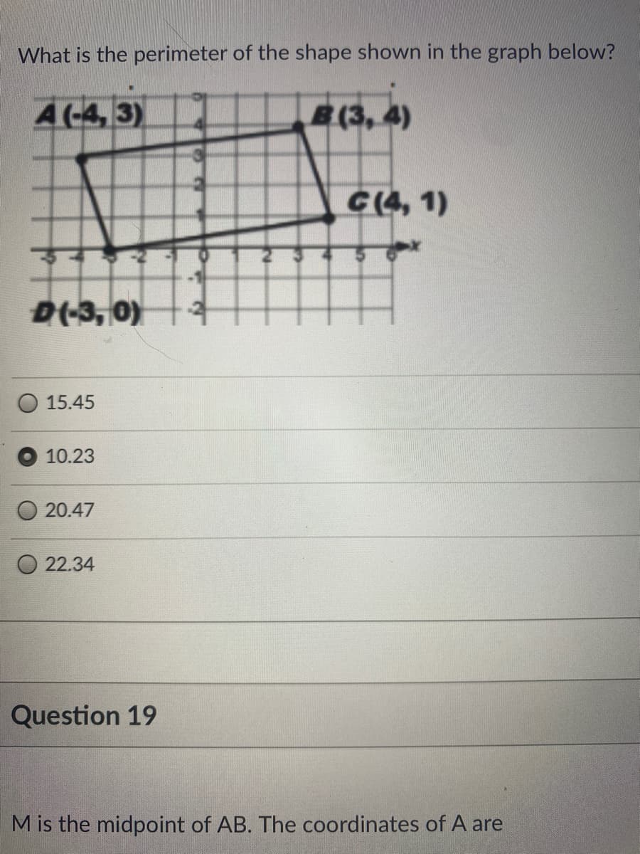 What is the perimeter of the shape shown in the graph below?
A(-4, 3)
B (3, 4)
C(4, 1)
D(-3, 0)
15.45
10.23
20.47
O 22.34
Question 19
M is the midpoint of AB. The coordinates of A are
