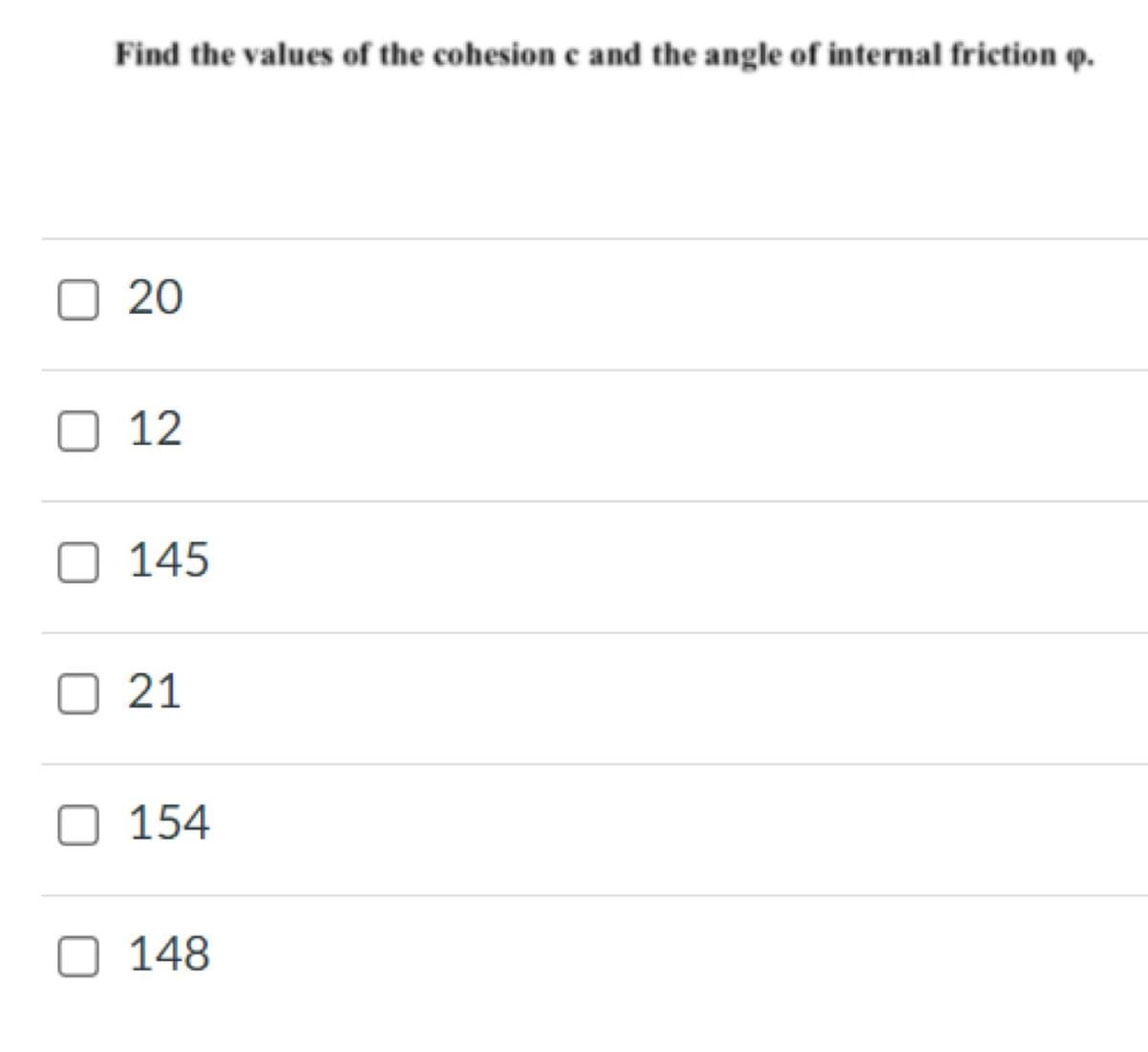 Find the values of the cohesion e and the angle of internal friction q.
20
12
145
21
154
148
