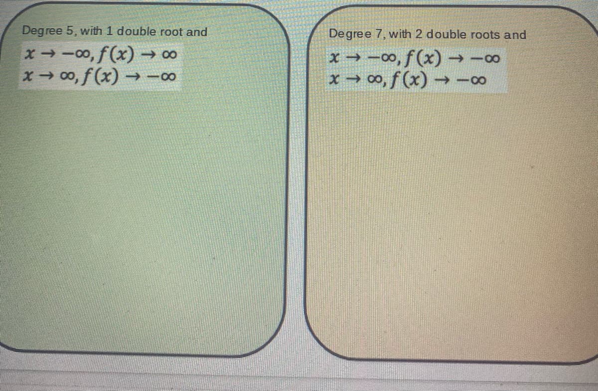 Degree 5, with 1 double root and
Degree 7, with 2 double roots and
x-00, f(x) → 00
x- 00, f (x) →
x → -00, f(x)→
x → 00, f (x) → -00
