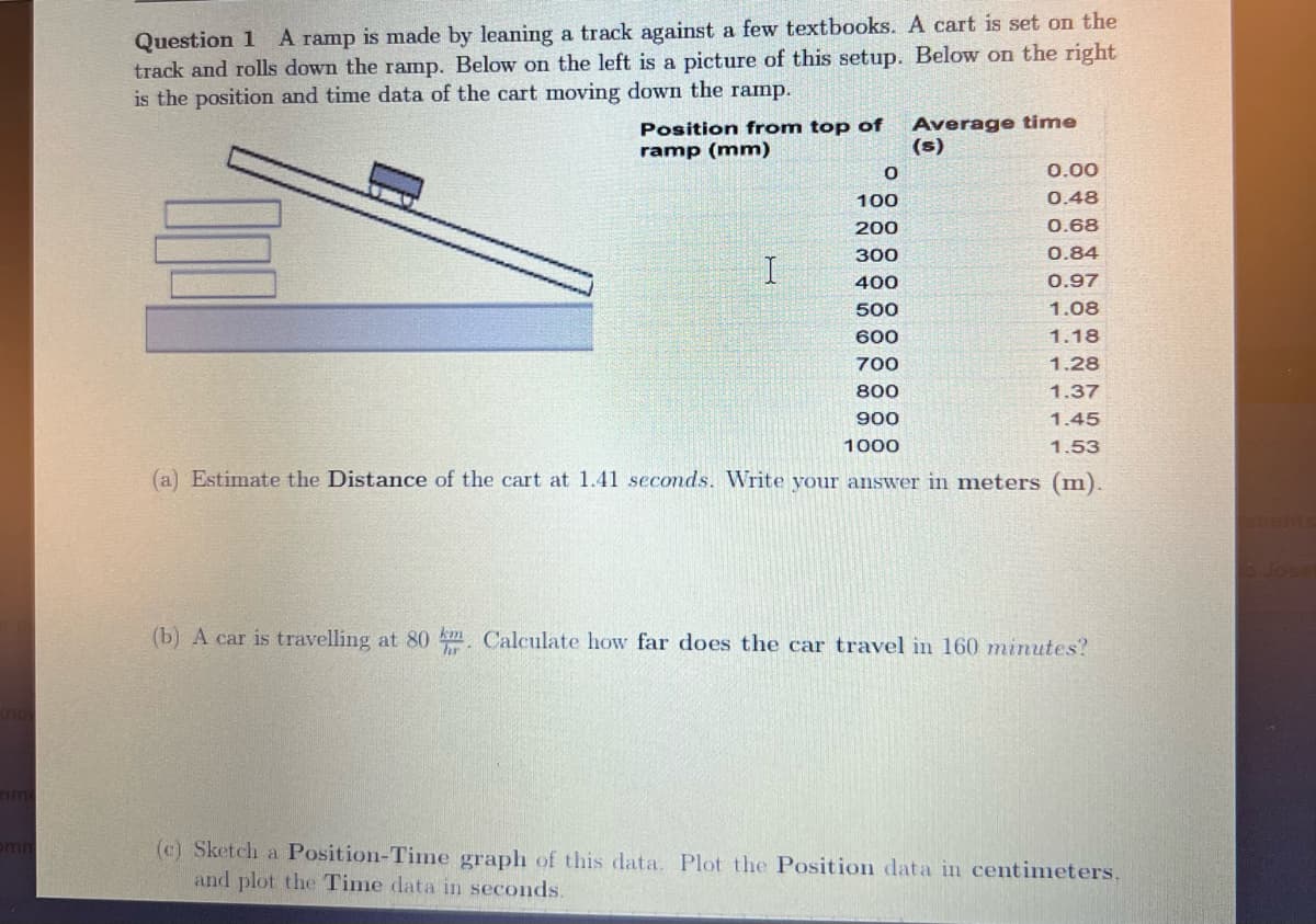 Question 1 A ramp is made by leaning a track against a few textbooks. A cart is set on the
track and rolls down the ramp. Below on the left is a picture of this setup. Below on the right
is the position and time data of the cart moving down the ramp.
Position from top of
ramp (mm)
Average time
(s)
0.00
100
0.48
200
0.68
300
0.84
400
0.97
500
1.08
600
1.18
700
1.28
800
1.37
900
1.45
1000
1.53
(a) Estimate the Distance of the cart at 1.41 seconds. Write your answer in meters (m).
lose
(b) A car is travelling at 80 m Calculate how far does the car travel in 160 minutes?
ome
omn
(c) Sketch a Position-Time graph of this data. Plot the Position data in centimeters.
and plot the Time data in seconds.
