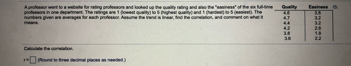 A professor went to a website for rating professors and looked up the quality rating and also the "easiness" of the six full-time
professors in one department. The ratings are 1 (lowest quality) to 5 (highest quality) and 1 (hardest) to 5 (easiest). The
numbers given are averages for each professor. Assume the trend is linear, find the correlation, and comment on what it
Quality
4.6
Easiness O
3.8
4.7
3.2
means.
4.4
3.2
4.2
3.8
2.6
1.8
3.6
2.2
Calculate the correlation.
3D(Round to three decimal places as needed.)
