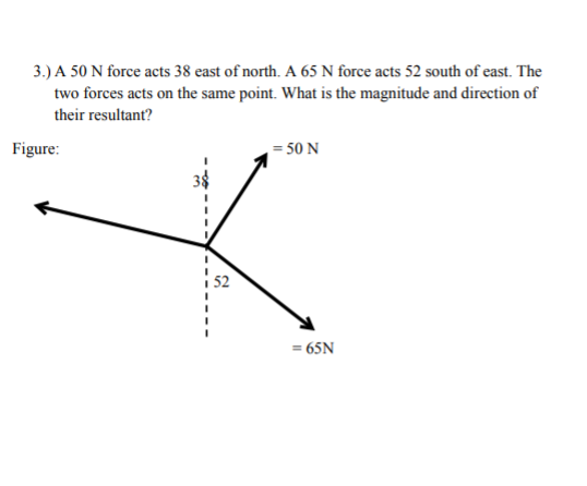 3.) A 50 N force acts 38 east of north. A 65 N force acts 52 south of east. The
two forces acts on the same point. What is the magnitude and direction of
their resultant?
Figure:
= 50 N
= 65N
