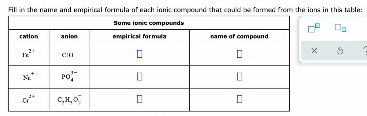 Fill in the name and empirical formula of each ionic compound that could be formed from the ions in this table:
Some ionic compounds
cation
anion
empirical formula
name of compound
2+
Fe
C1o
3-
PO
Na
2+
Cr
C,H,O,
