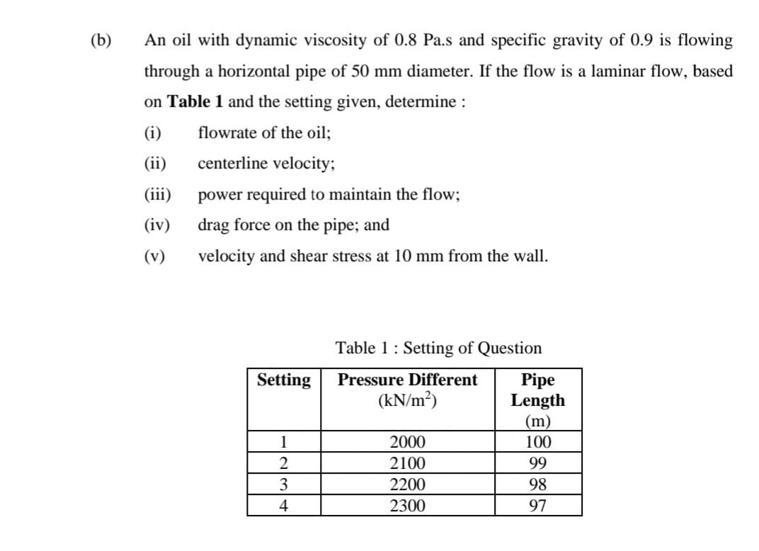 (b)
An oil with dynamic viscosity of 0.8 Pa.s and specific gravity of 0.9 is flowing
through a horizontal pipe of 50 mm diameter. If the flow is a laminar flow, based
on Table 1 and the setting given, determine :
(i)
flowrate of the oil;
(ii)
centerline velocity;
(iii)
power required to maintain the flow;
(iv) drag force on the pipe; and
(v)
velocity and shear stress at 10 mm from the wall.
Table 1: Setting of Question
Setting
Pressure Different
Pipe
Length
(m)
100
(kN/m?)
1
2000
2
2100
99
3
2200
98
4
2300
97
