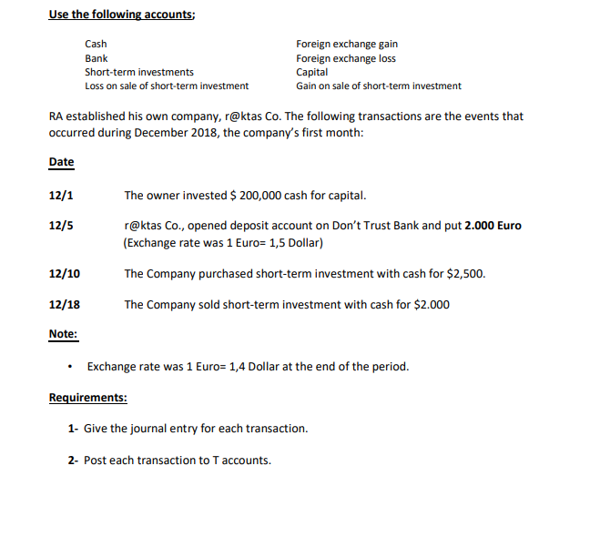 Use the following accounts;
Cash
Foreign exchange gain
Foreign exchange loss
Capital
Bank
Short-term investments
Loss on sale of short-term investment
Gain on sale of short-term investment
RA established his own company, r@ktas Co. The following transactions are the events that
occurred during December 2018, the company's first month:
Date
12/1
The owner invested $ 200,000 cash for capital.
12/5
r@ktas Co., opened deposit account on Don't Trust Bank and put 2.000 Euro
(Exchange rate was 1 Euro= 1,5 Dollar)
12/10
The Company purchased short-term investment with cash for $2,500.
12/18
The Company sold short-term investment with cash for $2.000
Note:
• Exchange rate was 1 Euro= 1,4 Dollar at the end of the period.
Requirements:
1- Give the journal entry for each transaction.
2- Post each transaction to Taccounts.
