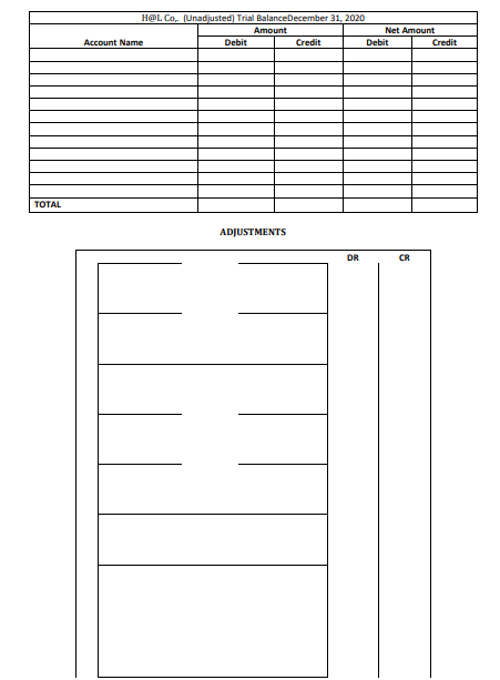 HOL Co. (Unadjusted) Trial BalanceDecember 31, 2020
Amount
Net Amount
Account Name
Debit
Credit
Debit
Credit
TOTAL
ADJUSTMENTS
DR
CR
