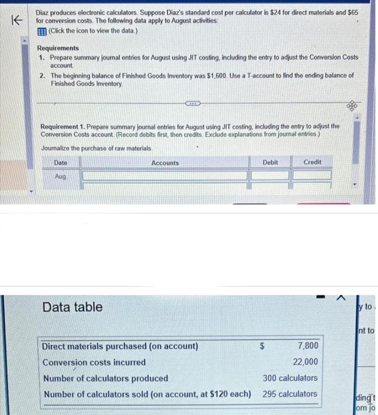K
Diaz produces electronic calculators. Suppose Diaz's standard cost per calculator is $24 for direct materials and $65
for conversion costs. The following data apply to August activities:
(Click the icon to view the data.)
Requirements
1. Prepare summary journal entries for August using JIT costing, including the entry to adjust the Conversion Costs
account
2. The beginning balance of Finished Goods Inventory was $1,600. Use a T-account to find the ending balance of
Finished Goods Inventory.
Requirement 1. Prepare summary journal entries for August using JIT costing, including the entry to adjust the
Conversion Costs account. (Record debits first, then credits. Exclude explanations from journal entries.)
Journalize the purchase of raw materials
Date
Aug
Data table
Accounts
Direct materials purchased (on account)
Conversion costs incurred
Number of calculators produced
Number of calculators sold (on account, at $120 each)
Debit
$
Credit
7,800
22,000
300 calculators
295 calculators
35
y to,
nt to
ding't
om jo