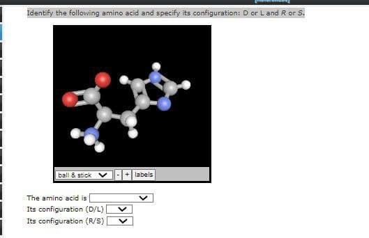 Identify the followving amino acid and specify its configuration: D or Land R or S.
ball & stick v
+ labels
The amino acid is
Its configuration (D/L)
Its configuration (R/s)|
