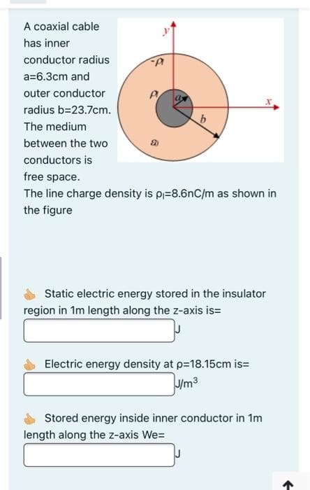 A coaxial cable
has inner
conductor radius
a=6.3cm and
outer conductor
radius b=23.7cm.
The medium
between the two
conductors is
free space.
The line charge density is p=8.6nC/m as shown in
the figure
Static electric energy stored in the insulator
region in 1m length along the z-axis is=
Electric energy density at p=18.15cm is=
J/m3
Stored energy inside inner conductor in 1m
length along the z-axis We=
