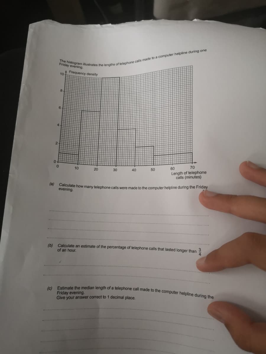 (c) Estimate the median length of a telephone call made to the computer helpline during the
Friday evening.
4 Frequency density
10
8.
4.
70
60
50
Length of telephone
calls (minutes)
10
20
30
40
Calculate how many telephone calls were made to the computer helpline during the Friday
(a)
evening.
(b) Calculate an estimate of the percentage of telephone calls that lasted longer than
of an hour.
Friday evening.
Give your answer correct to 1 decimal place.
