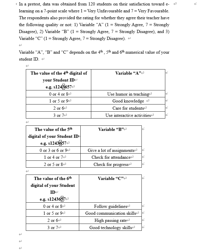 « In a pretest, data was obtained from 120 students on their satisfaction toward e-
learning on a 7-point scale where 1 = Very Unfavourable and 7= Very Favourable.
The respondents also provided the rating for whether they agree their teacher have
the following quality or not: 1) Variable “A" (1 = Strongly Agree, 7 = Strongly
Disagree), 2) Variable “B" (1 = Strongly Agree, 7 = Strongly Disagree), and 3)
Variable "C" (1 = Strongly Agree, 7 = Strongly Disagree). -
Variable “A", "B" and "C" depends on the 4th, 5th and 6th numerical value of your
student ID. +
The value of the 4th digital of
Variable “A"e
your Student ID
e.g. s1243657
O or 4 or 8
Use humor in teachinge
1 or 5 or 94
Good knowledge a
2 or 6e
Care for students
3 or 74
Use interactive activitiese
The value of the 5th
Variable “B"e
digital of your Student ID
e.g. sl243657e
O or 3 or 6 or 9e
Give a lot of assignments
Check for attendance
1 or 4 or 7e
2 or 5 or 8e
Check for progress
The value of the 6th
Variable "C"
digital of your Student
ID-
e.g. s1243657
O or 4 or 8-
1 or 5 or 9
2 or 6e
3 or 7e
Follow guidelines
Good communication skillse
High passing ratea
Good technology skillse
