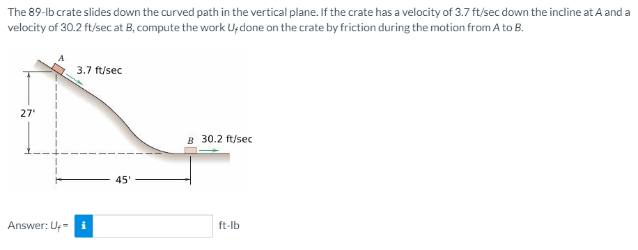 The 89-lb crate slides down the curved path in the vertical plane. If the crate has a velocity of 3.7 ft/sec down the incline at A and a
velocity of 30.2 ft/sec at B, compute the work U; done on the crate by friction during the motion from A to B.
3.7 ft/sec
27'
B 30.2 ft/sec
45'
Answer: Uf = i
ft-lb
