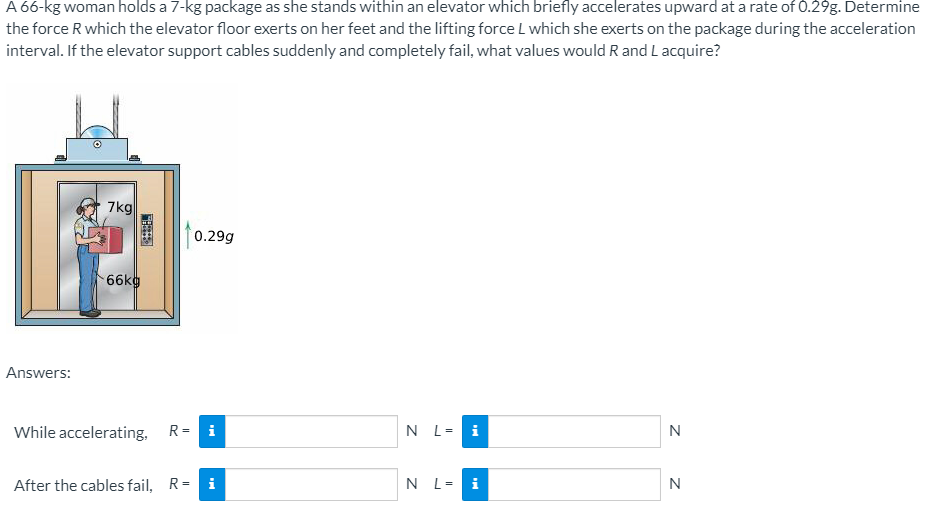 A 66-kg woman holds a 7-kg package as she stands within an elevator which briefly accelerates upward at a rate of 0.29g. Determine
the force R which the elevator floor exerts on her feet and the lifting forceL which she exerts on the package during the acceleration
interval. If the elevator support cables suddenly and completely fail, what values would R and L acquire?
7kg
0.29g
66kg
Answers:
While accelerating, R= i
N L= i
After the cables fail, R= i
N L= i
N
z
