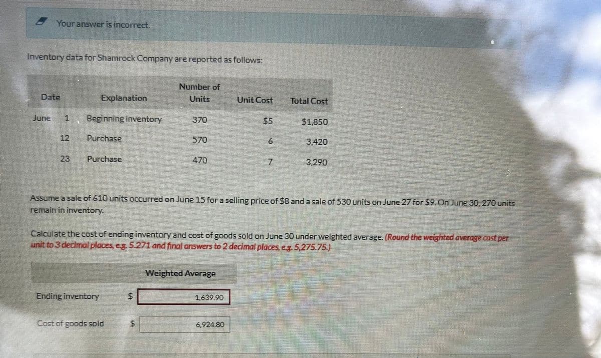 Your answer is incorrect.
Inventory data for Shamrock Company are reported as follows:
Date
Explanation
Number of
Units
Unit Cost
Total Cost
June
1 Beginning inventory
370
$5
$1,850
CL
Purchase
570
6
3,420
23 Purchase
470
7
Assume a sale of 610 units occurred on June 15 for a selling price of $8 and a sale of 530 units on June 27 for $9. On June 30, 270 units
remain in inventory.
Calculate the cost of ending inventory and cost of goods sold on June 30 under weighted average. (Round the weighted average cost per
unit to 3 decimal places, eg. 5.271 and final answers to 2 decimal places, eg. 5,275.75.)
Weighted Average
Ending inventory
$
1,639.90
Cost of goods sold
$
6,924.80