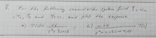 For the fo llowing seevnod order sysknm fond },wa
Ts, %p and
% os, and plot the tesponse
a) TIs)= 16
T/s
フ
3 35+16
