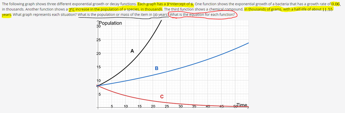 The following graph shows three different exponential growth or decay functions. Each graph has a y-intercept of 8. One function shows the exponential growth of a bacteria that has a growth rate of 0.06,
in thousands. Another function shows a 2% increase in the population of a species, in thousands. The third function shows a chemical compound, in thousands of grams, with a half-life of about 11.55
years. What graph represents each situation? What is the population or mass of the item in 10 years? What is the equation for each function?
Population
25
Z
A
20
15
B
10
5
5
1.0
1.5
20
с
25
30
50Time