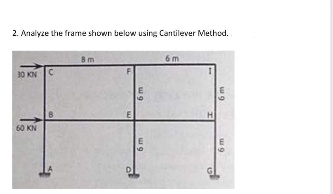 2. Analyze the frame shown below using Cantilever Method. .
8 m
6 m
30 KN
C.
B
60 KN
6o
