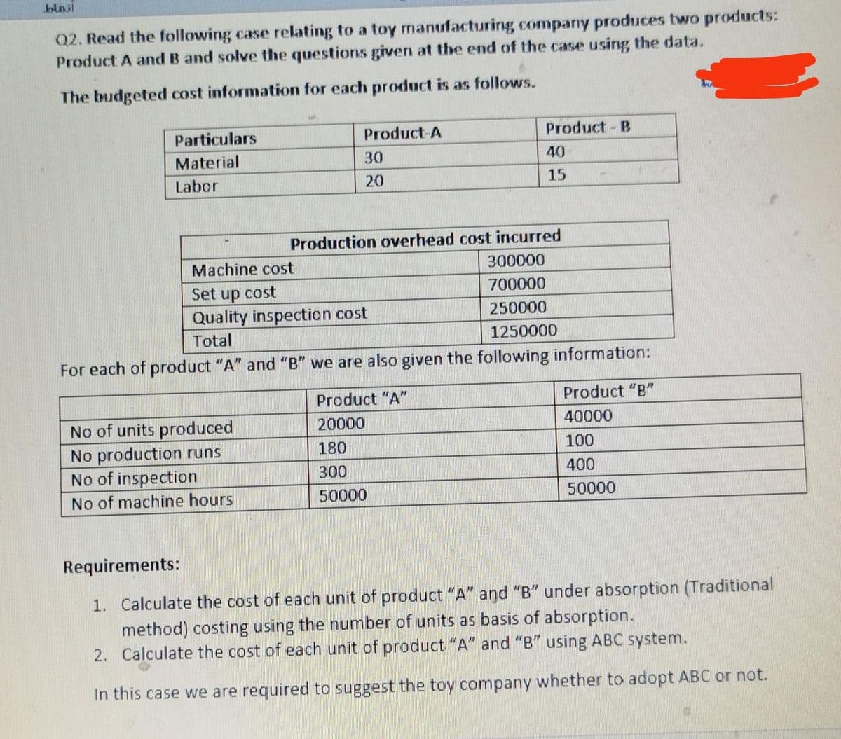 bloii
Q2. Read the following case relating to a toy manufacturing company produces two products:
Product A and B and solve the questions given at the end of the case using the data.
The budgeted cost information for each product is as follows.
Particulars
Product-A
Product- B
Material
30
40
Labor
20
15
Production overhead cost incurred
Machine cost
300000
700000
Set up cost
Quality inspection cost
Total
250000
1250000
For each of product "A" and "B" we are also given the following information:
Product "A"
Product "B"
No of units produced
No production runs
No of inspection
20000
40000
180
100
300
400
No of machine hours
50000
50000
Requirements:
1. Calculate the cost of each unit of product "A" and "B" under absorption (Traditional
method) costing using the number of units as basis of absorption.
2. Calculate the cost of each unit of product "A" and "B" using ABC system.
In this case we are required to suggest the toy company whether to adopt ABC or not.
