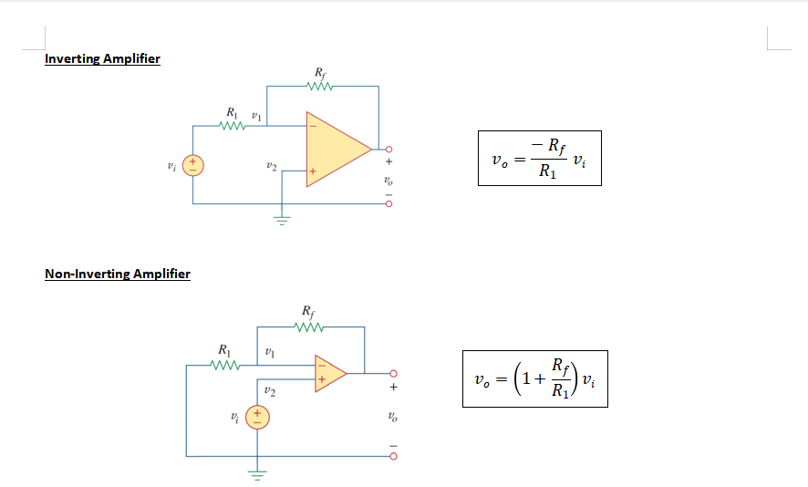 Inverting Amplifier
R
ww
R v1
- Rf
Vị
R1
Vi
Non-Inverting Amplifier
Rf
7, - (1+).
Rf
R1.
v2
Vo
Q + ° 10
+|
