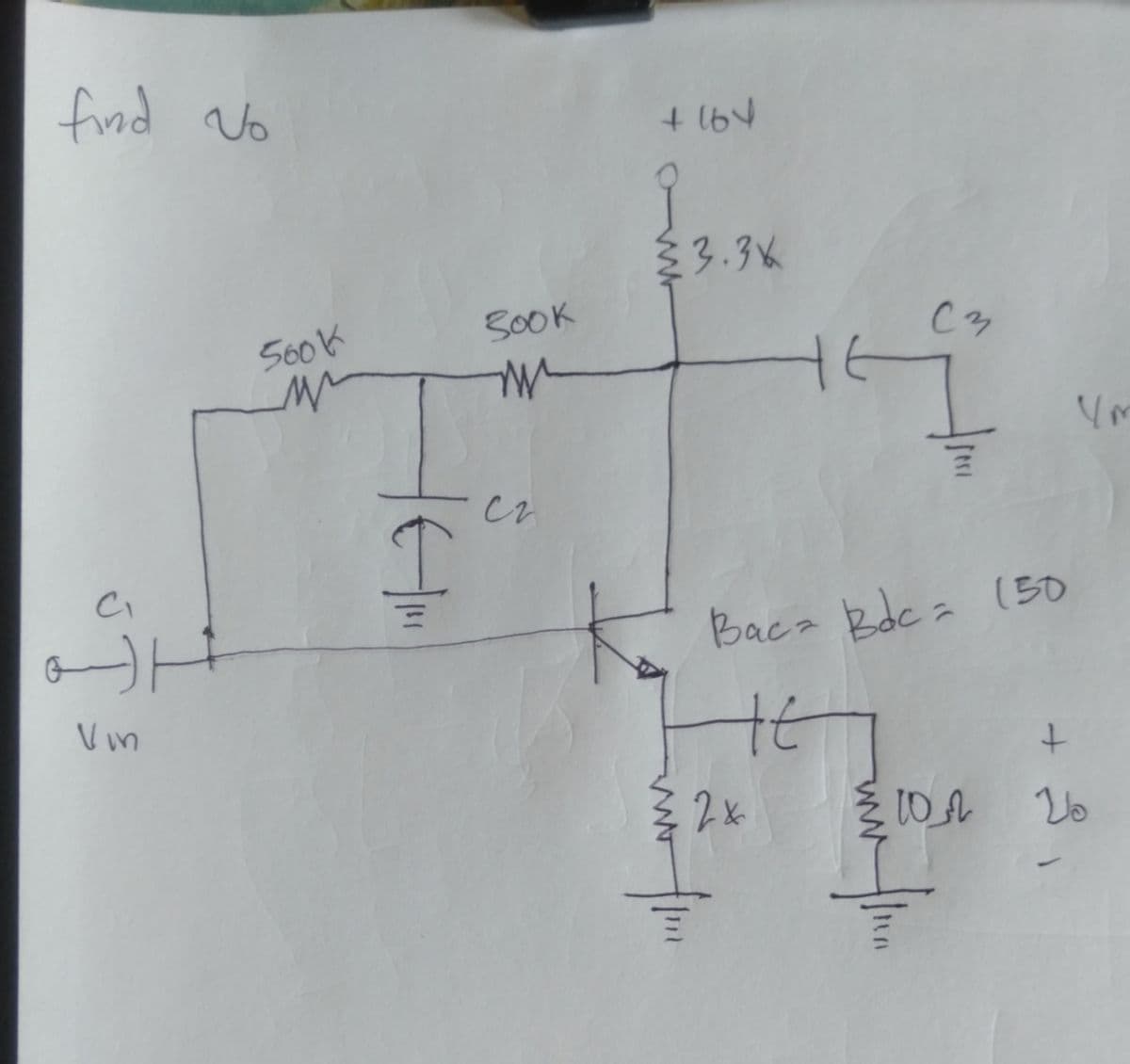 find Vo
+ 164
{3.3K
SOOK
560K
Ci
Bac kdc = (50
Vin
2x
10 A
