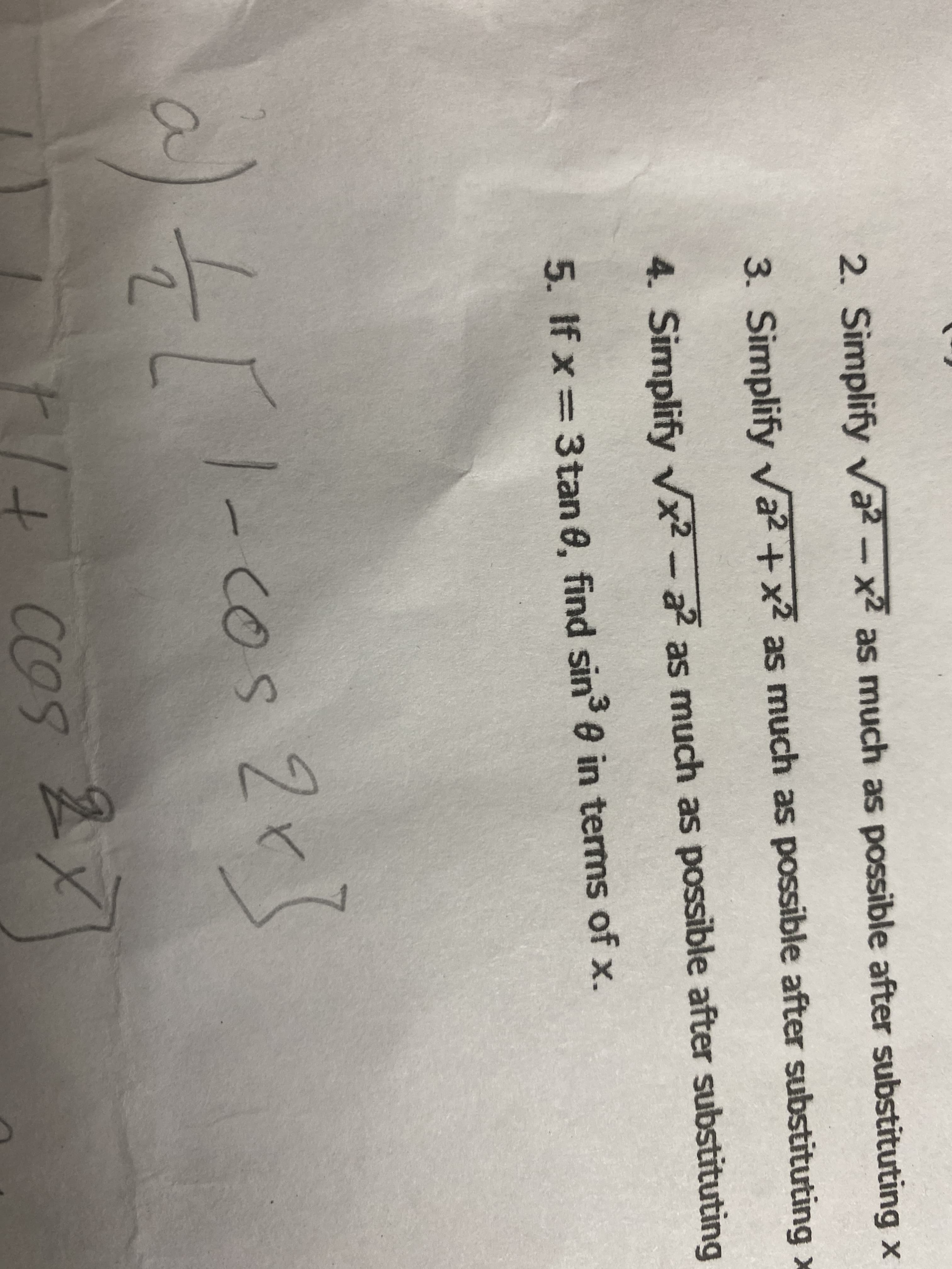 5. If x = 3tan 0, find sin e in terms of x.
