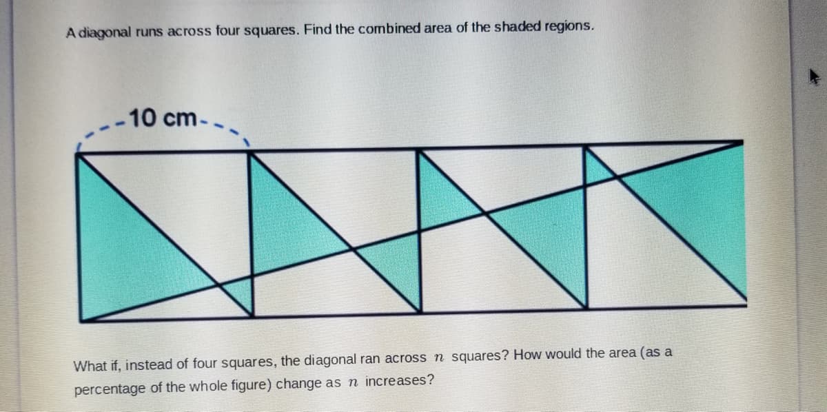 A diagonal runs across four squares. Find the combined area of the shaded regions.
-10 cm--
What if, instead of four squares, the diagonal ran across n squares? How would the area (as a
percentage of the whole figure) change as n increases?
