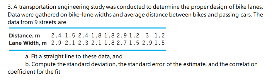 3. A transportation engineering study was conducted to determine the proper design of bike lanes.
Data were gathered on bike-lane widths and average distance between bikes and passing cars. The
data from 9 streets are
Distance, m
2.4 1.5 2.4 1.8 1.8 2.9 1.2 3 1.2
Lane Width, m 2.9 2.1 2.3 2.1 1.8 2.7 1.5 2.9 1.5
a. Fit a straight line to these data, and
b. Compute the standard deviation, the standard error of the estimate, and the correlation
coefficient for the fit
