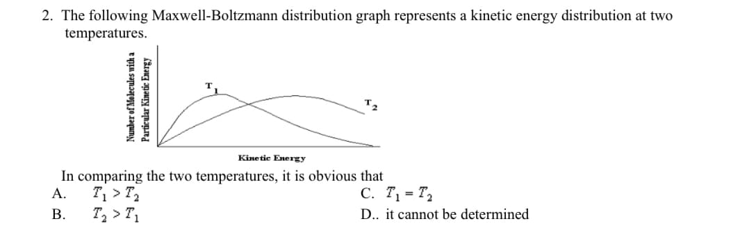 2. The following Maxwell-Boltzmann distribution graph represents a kinetic energy distribution at two
temperatures.
т,
Kinetic Energy
In comparing the two temperatures, it is obvious that
T, > T,
T, > T,
А.
C. T, = T2
В.
D.. it cannot be determined
Number of Molecules with a
Particular Kinetic Energy
