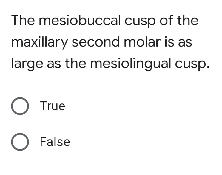 The mesiobuccal cusp of the
maxillary second molar is as
large as the mesiolingual cusp.
O True
O False

