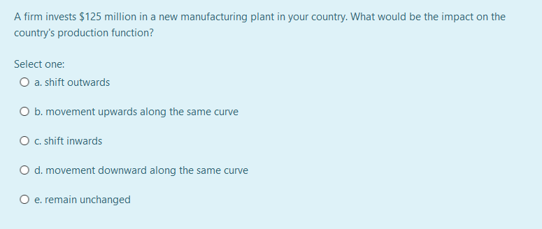 A firm invests $125 million in a new manufacturing plant in your country. What would be the impact on the
country's production function?
Select one:
O a. shift outwards
O b. movement upwards along the same curve
O c. shift inwards
O d. movement downward along the same curve
O e. remain unchanged
