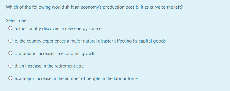 Which of the following would shift an economy's production possibilities curve to the left?
Select one:
O a. the country discovers a new energy source
O b. the country experiences a major natural disaster affecting its capital goods
O. dramatic increases in economic growth
O d. an increase in the retirement age
O e. a major increase in the number of people in the labour force
