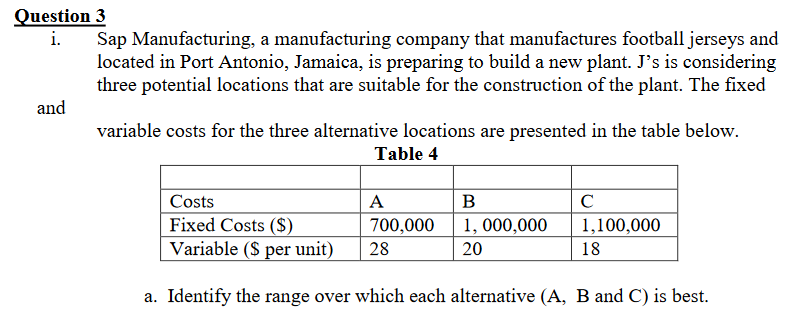 Question 3
i.
Sap Manufacturing, a manufacturing company that manufactures football jerseys and
located in Port Antonio, Jamaica, is preparing to build a new plant. J's is considering
three potential locations that are suitable for the construction of the plant. The fixed
and
variable costs for the three alternative locations are presented in the table below.
Table 4
Costs
A
B
C
Fixed Costs ($)
700,000
1, 000,000
1,100,000
Variable ($ per unit)
28
20
18
a. Identify the range over which each alternative (A, B and C) is best.
