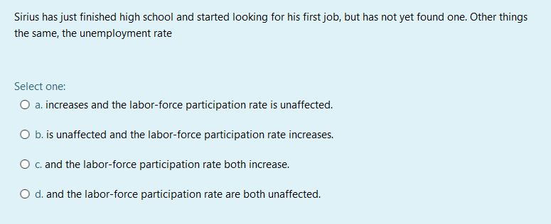 Sirius has just finished high school and started looking for his first job, but has not yet found one. Other things
the same, the unemployment rate
Select one:
O a. increases and the labor-force participation rate is unaffected.
O b. is unaffected and the labor-force participation rate increases.
O c. and the labor-force participation rate both increase.
O d. and the labor-force participation rate are both unaffected.
