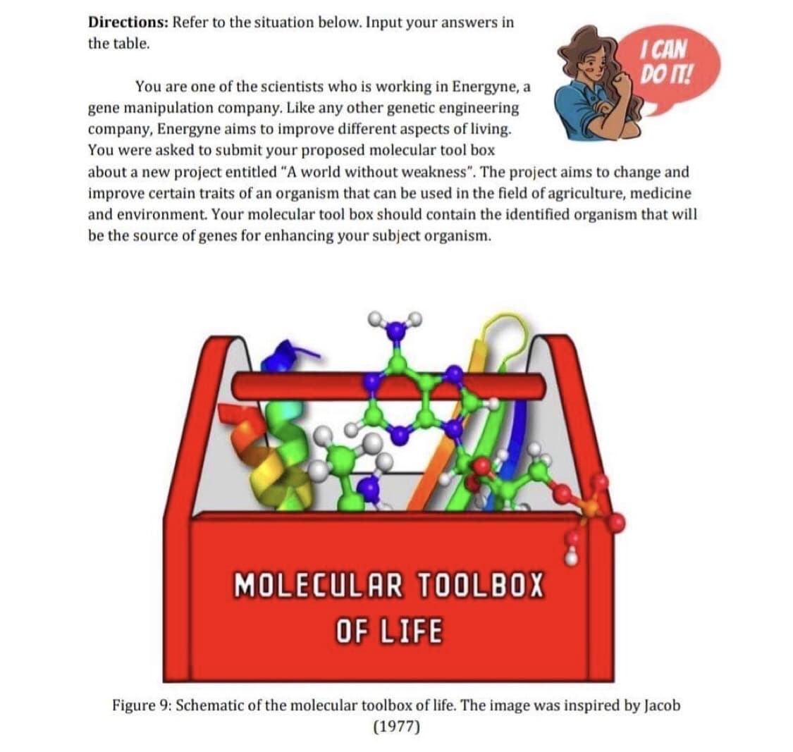 Directions: Refer to the situation below. Input your answers in
the table.
I CAN
DO IT!
You are one of the scientists who is working in Energyne, a
gene manipulation company. Like any other genetic engineering
company, Energyne aims to improve different aspects of living.
You were asked to submit your proposed molecular tool box
about a new project entitled "A world without weakness". The project aims to change and
improve certain traits of an organism that can be used in the field of agriculture, medicine
and environment. Your molecular tool box should contain the identified organism that will
be the source of genes for enhancing your subject organism.
MOLECULAR TOOLBOX
OF LIFE
Figure 9: Schematic of the molecular toolbox of life. The image was inspired by Jacob
(1977)