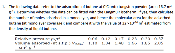 1. The following data refer to the adsorption of butane at 0°C onto tungsten powder (area 16.7 m²
g¹). Determine whether the data can be fitted with the Langmuir isotherm. If yes, then calculate
the number of moles adsorbed in a monolayer, and hence the molecular area for the adsorbed
butane (at monolayer coverage); and compare it with the value of 32 x10-20 m² estimated from
the density of liquid butane.
Relative pressure p/pº
Volume adsorbed (at s.t.p.) V(ads)/ 1.10 1.34
cm³ g-¹
0.06 0.12 0.17 0.23 0.30 0.37
1.48 1.66 1.85 2.05