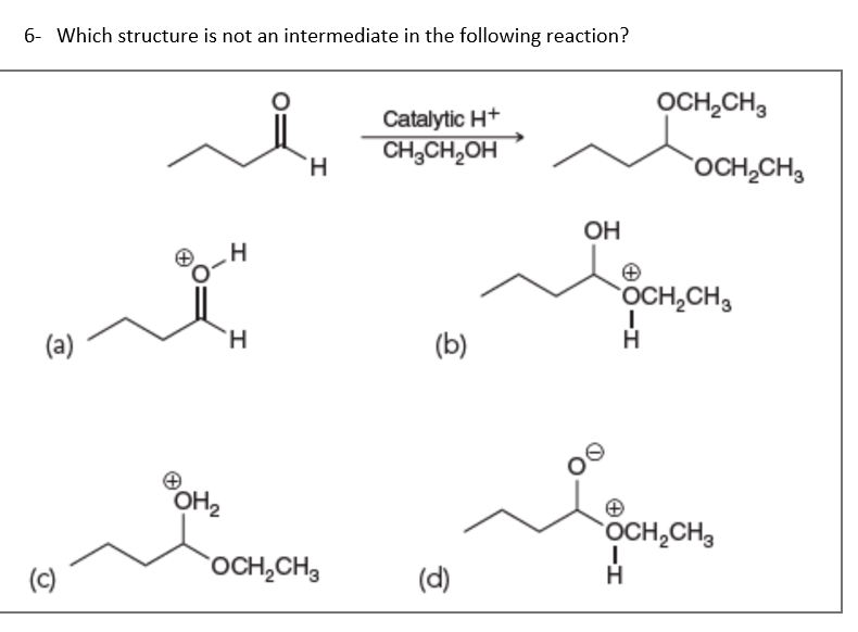 6- Which structure is not an intermediate in the following reaction?
(a)
(c)
OH2
H
H
H
OCH₂CH3
Catalytic H+
CH₂CH₂OH
(b)
(d)
OH
OCH₂CH3
OCH₂CH3
OCH₂CH3
I
H
OCH₂CH3
I
H