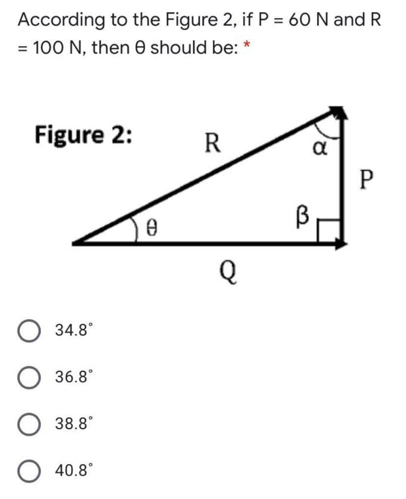 According to the Figure 2, if P = 60 N and R
= 100 N, then e should be:
%3D
Figure 2:
R
a
34.8°
36.8°
38.8°
40.8°
3.
CD
