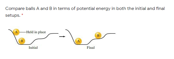 Compare balls A and B in terms of potential energy in both the initial and final
setups. *
-Held in place
Initial
Final
