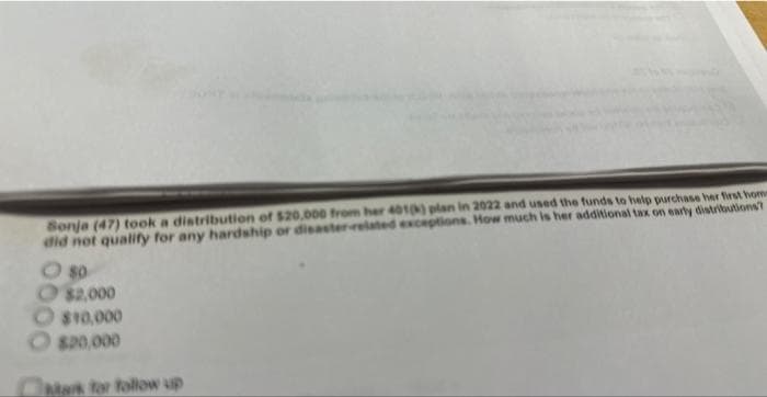 Sonja (47) took a distribution of $20,000 from her 401(k) plan in 2022 and used the funds to help purchase her first home
did not qualify for any hardship or disaster-related exceptions. How much is her additional tax on early distributions?
80
$2,000
$10,000
$20,000
Mark for follow up