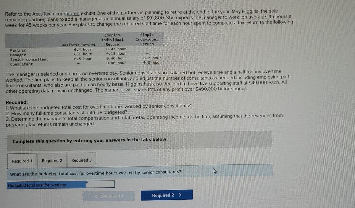 Refer to the AccuTax Incorporated exhibit One of the partners is planning to retire at the end of the year. May Higgins, the sole
remaining partner, plans to add a manager at an annual salary of $91,800. She expects the manager to work, on average, 45 hours a
week for 45 weeks per year. She plans to change the required staff time for each hour spent to complete a tax return to the following:
Partner
Manager
Senior consultant
Consultant
Business Return
0.4 hour
0.1 hour
0.5 hour
Complex
Individual
Required 1
Return
0.07 hour
0.13 hour
0.40 hour
0.40 hour
Simple
Individual
Return
any overtime
The manager is salaried and earns no overtime pay. Senior consultants are salaried but receive time and a half for
worked. The firm plans to keep all the senior consultants and adjust the number of consultants as needed including employing part-
time consultants, who also are paid on an hourly basis. Higgins has also decided to have five supporting staff at $49,000 each. All
other operating data remain unchanged. The manager will share 14% of any profit over $490,000 before bonus.
Required 2 Required 3
0.2 hour
0.8 hour
Required:
1. What are the budgeted total cost for overtime hours worked by senior consultants?
2. How many full-time consultants should be budgeted?
3. Determine the manager's total compensation and total pretax operating income for the firm, assuming that the revenues from
preparing tax returns remain unchanged.
Complete this question by entering your answers in the tabs below.
What are the budgeted total cost for overtime hours worked by senior consultants?
Budgeted total cost for overtime
Required 2 >
4