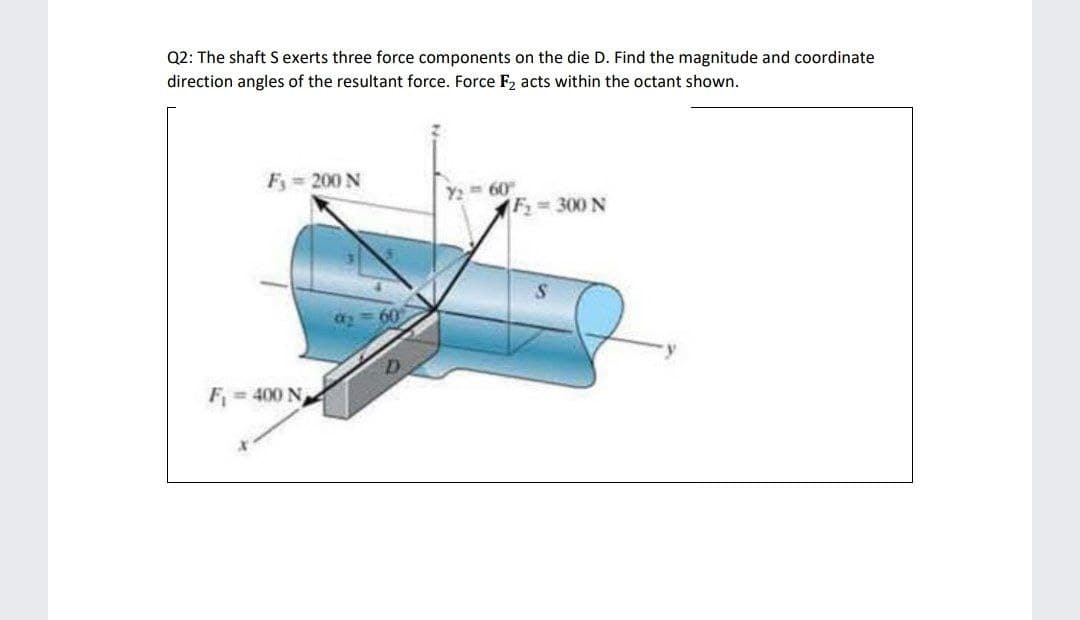 Q2: The shaft S exerts three force components on the die D. Find the magnitude and coordinate
direction angles of the resultant force. Force F, acts within the octant shown.
F 200 N
Y2 60
F= 300 N
= 60
F = 400 N
