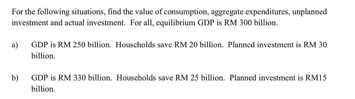 For the following situations, find the value of consumption, aggregate expenditures, unplanned
investment and actual investment. For all, equilibrium GDP is RM 300 billion.
a)
GDP is RM 250 billion. Houscholds save RM 20 billion. Planned investment is RM 30
billion.
b)
GDP is RM 330 billion. Households save RM 25 billion. Planned investment is RM15
billion.
