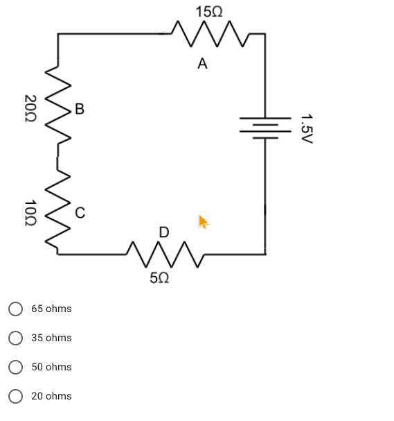 150
A
C
in
50
65 ohms
О 35 ohms
50 ohms
O 20 ohms
1.5V
20Ω
100
