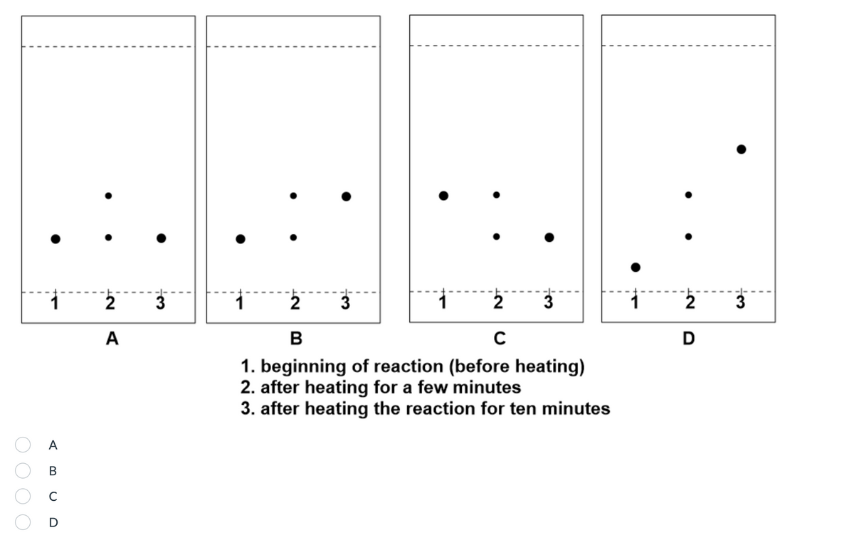 1
2
3
2
3
2
3
1
2
3
A
1. beginning of reaction (before heating)
2. after heating for a few minutes
3. after heating the reaction for ten minutes
A
В
C
D
