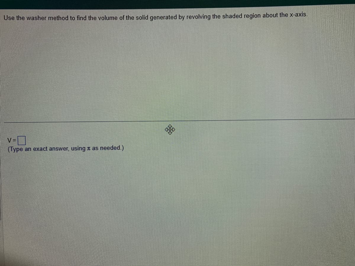 Use the washer method to find the volume of the solid generated by revolving the shaded region about the x-axis.
V=
(Type an exact answer, using as needed.)