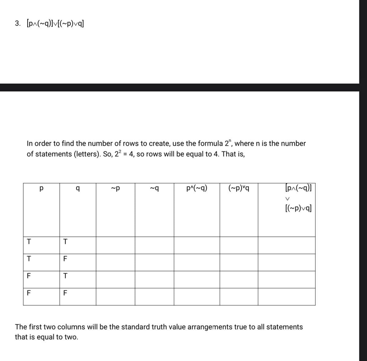 3. [pa(~q)]v[(~p)vq]
In order to find the number of rows to create, use the formula 2", where n is the number
of statements (letters). So, 22 = 4, so rows will be equal to 4. That is,
%3D
p^(~q)
(~p)"q
Tpa(~q)]|
~p
V
[(~p)vq]
T
T
F
F
T
F
F
The first two columns will be the standard truth value arrangements true to all statements
that is equal to two.
